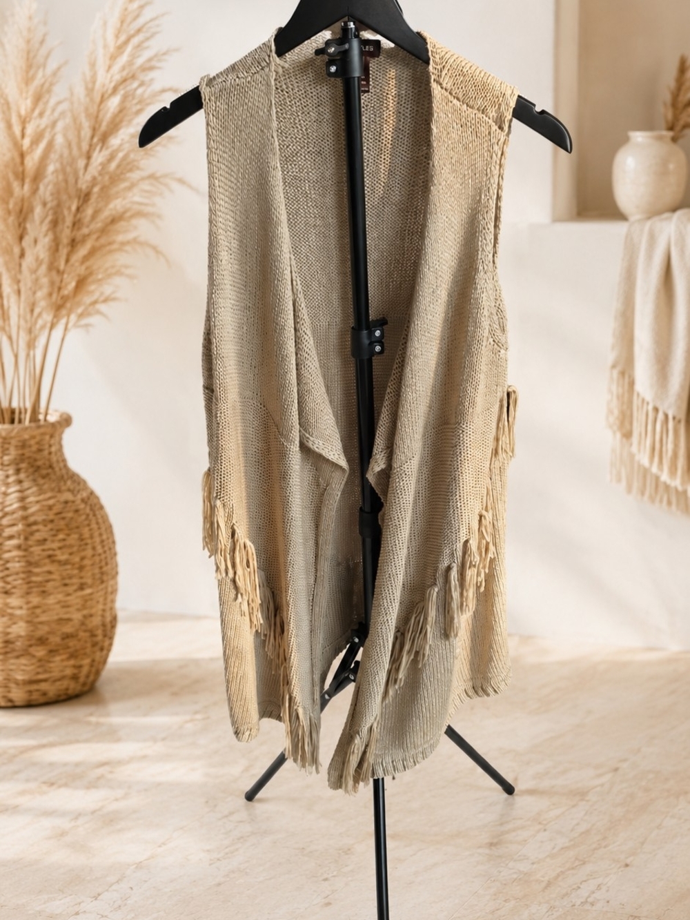 Multiples Tan Boho Fringe Open Knit Long Duster Sweater Vest Size L